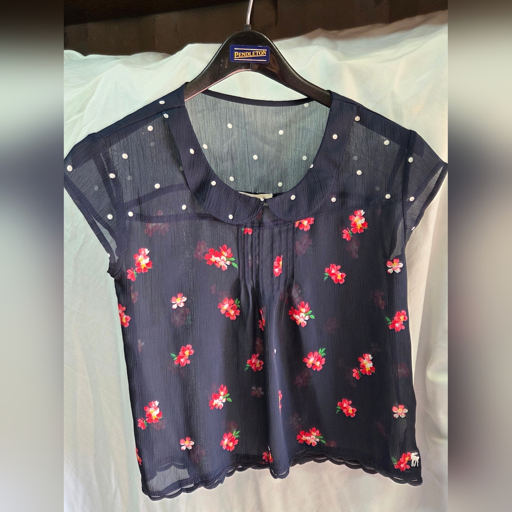 Abercrombie & Fitch Sheer Navy Top with Red Floral Pattern